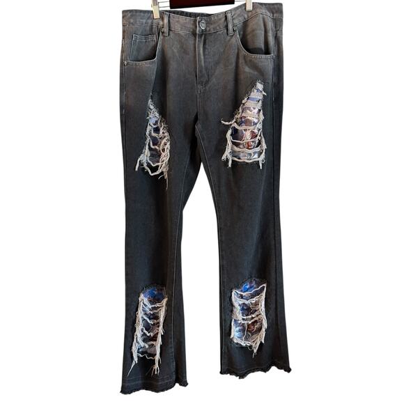 Rebel Vengence Men’s Bootcut Jeans Distressed Patches Gray Size 34 Ombré - Picture 1 of 10